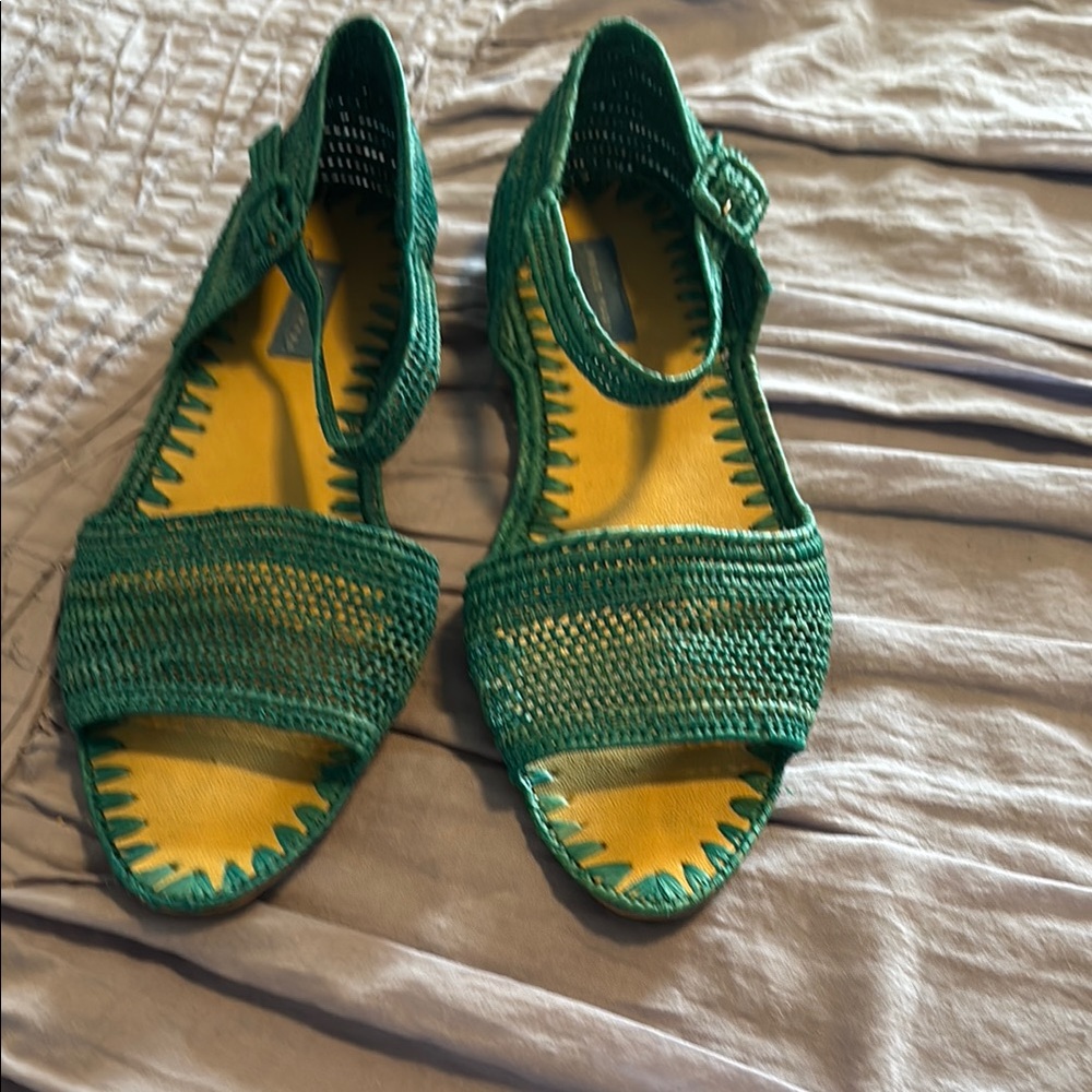 Vibrant Green and Yellow Woven Sandals